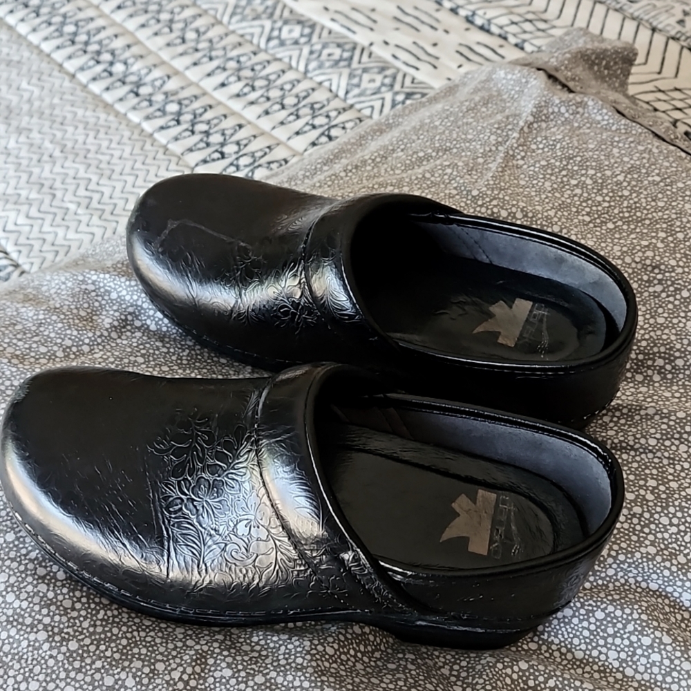 Black dansko clogs floral tooled